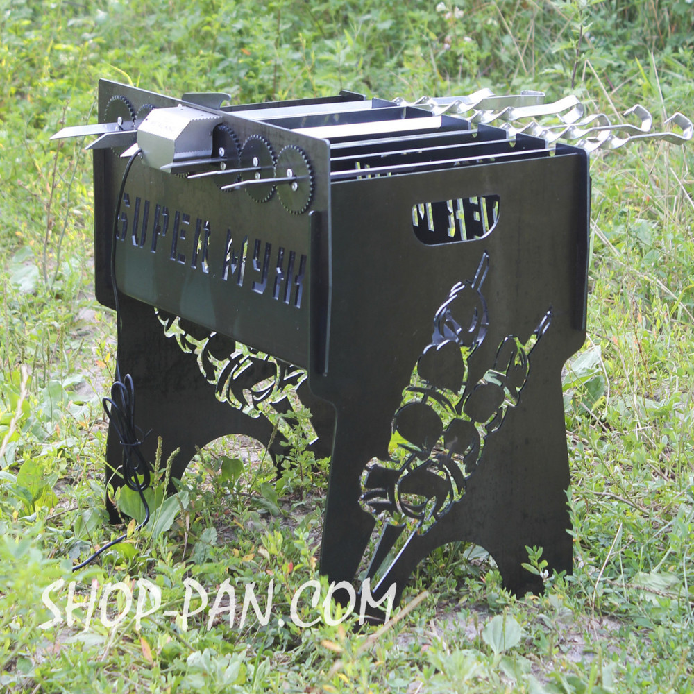 Мангал із вбудованою шашличницею та мотором на 10 шт. з гравіюванням — Україна! SP00262