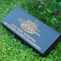 Набір шампурів у дерев'яній коробці “БАДОРІЙ” з гравіюванням - Вискі, пиво, коньячок