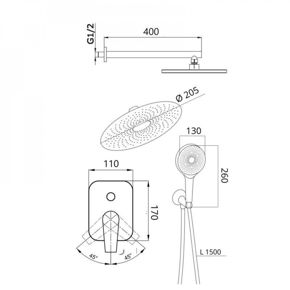 Душова система універсальна Qtap Slavonice прихованого монтажу на два споживача QTSLA113BLM45900 Black Matt SD00052024