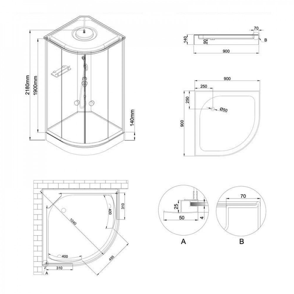 Гідробокс Lidz Tani SBM90x90.SAT.LOW.GR, скло тоноване 4 мм SD00051595