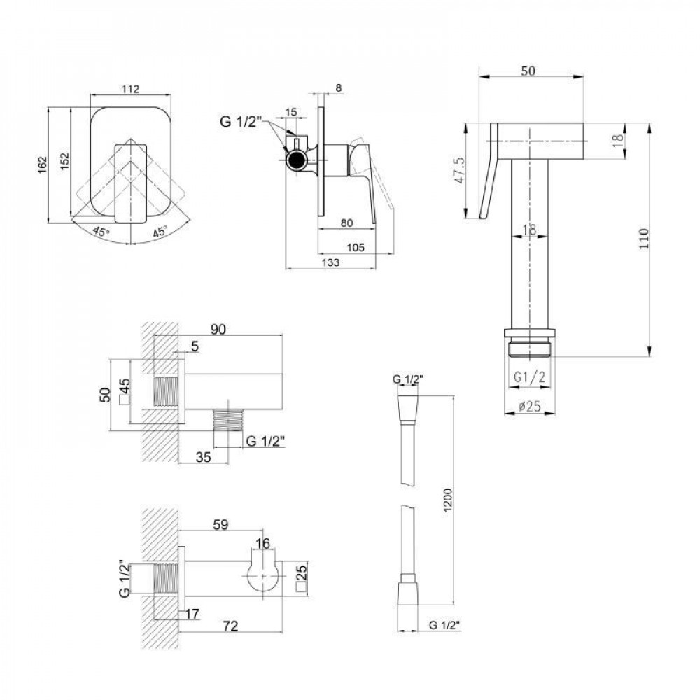 Комплект для душу Qtap Namesti Chrome: Змішувач QTNAM6025102NC + Шланг QTHADPVC120C + Лійка QTCRMB120 + Підключення QTCRMBH130 SD00053674