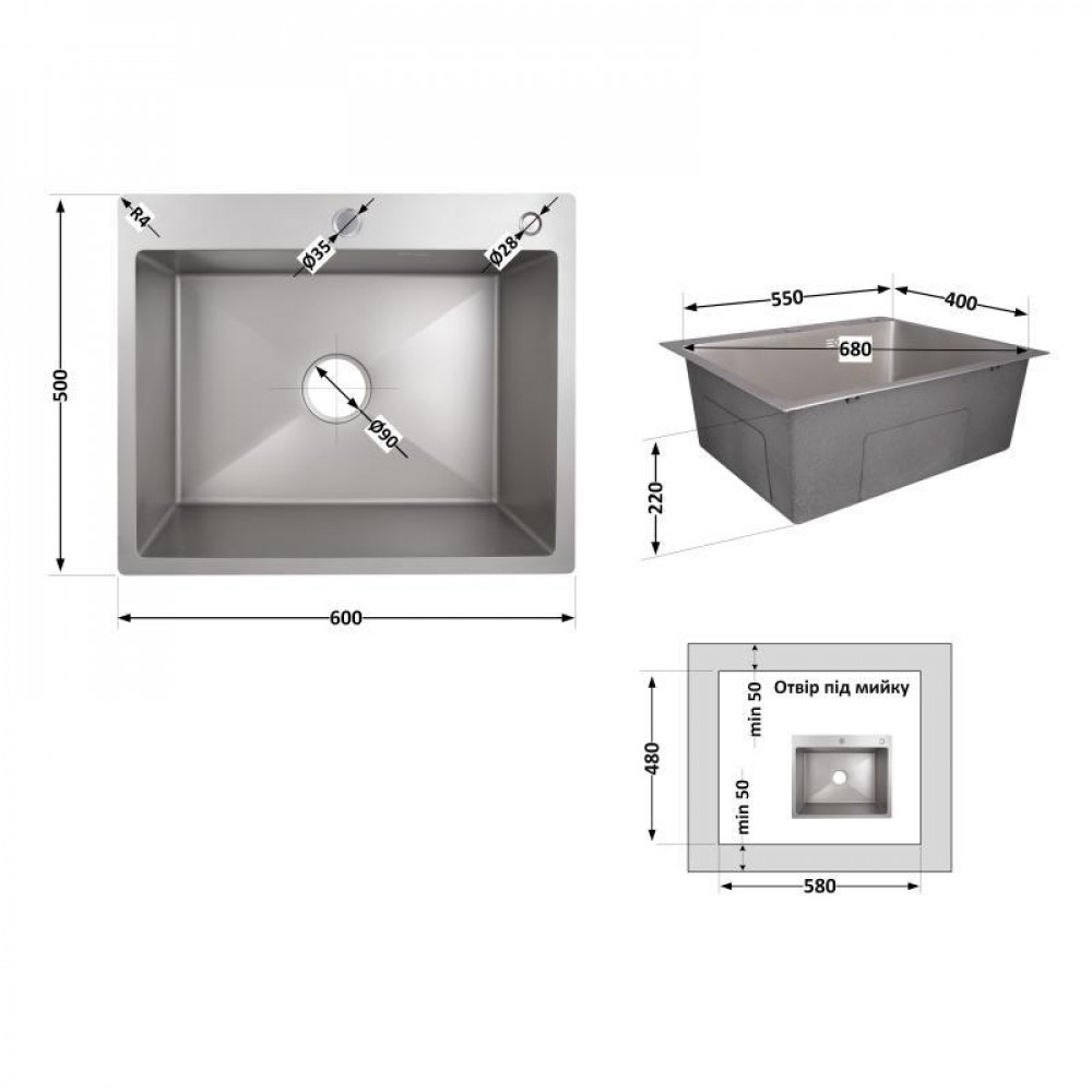 Мийка для кухні інтегрована Lidz Handmade H6050G (LDH6050GPVD43622) Brushed Grey PVD 3,0/1,0 мм SD00049746