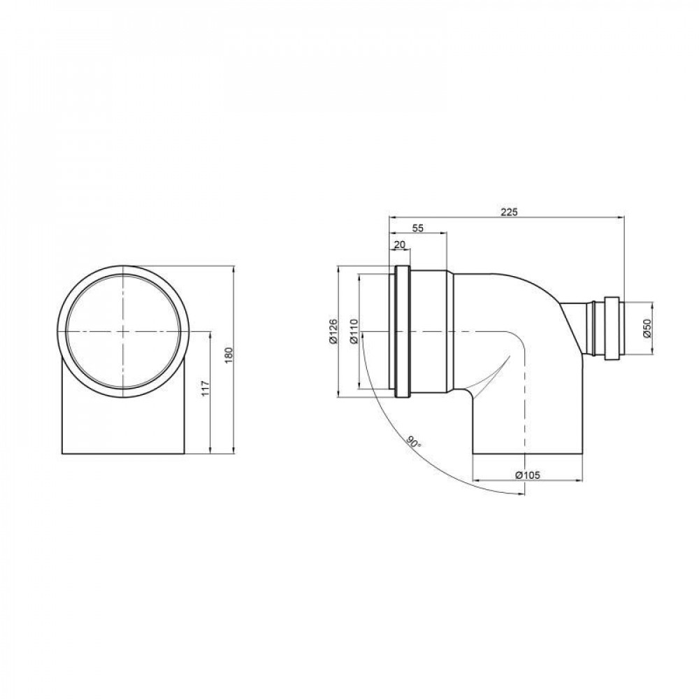 Коліно каналізаційне з відводом TA Sewage 50х110х110, 90° (назад) SD00005125
