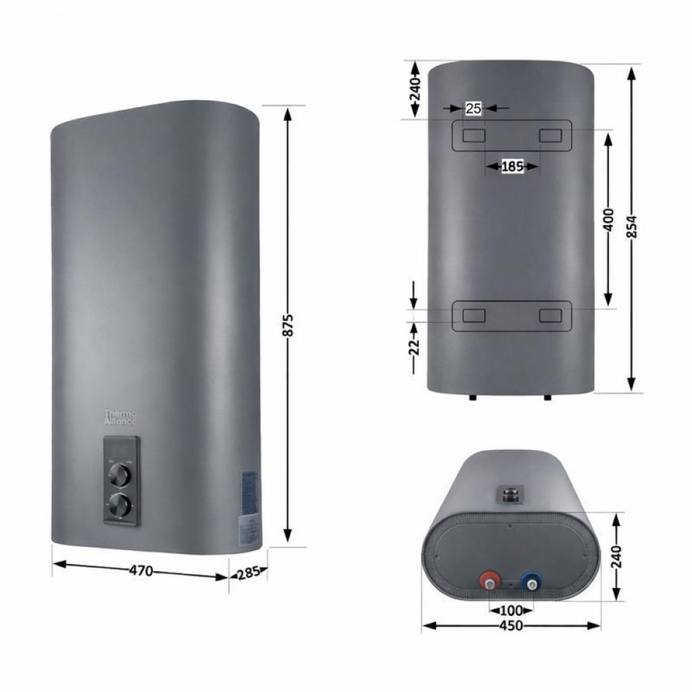 Водонагрівач електричний Thermo Alliance 50 л Grey, плоский вертикальний, мокрий ТЕН 2 кВт (0,8+1,2) DT50V20G(PD)/2G SD00055139