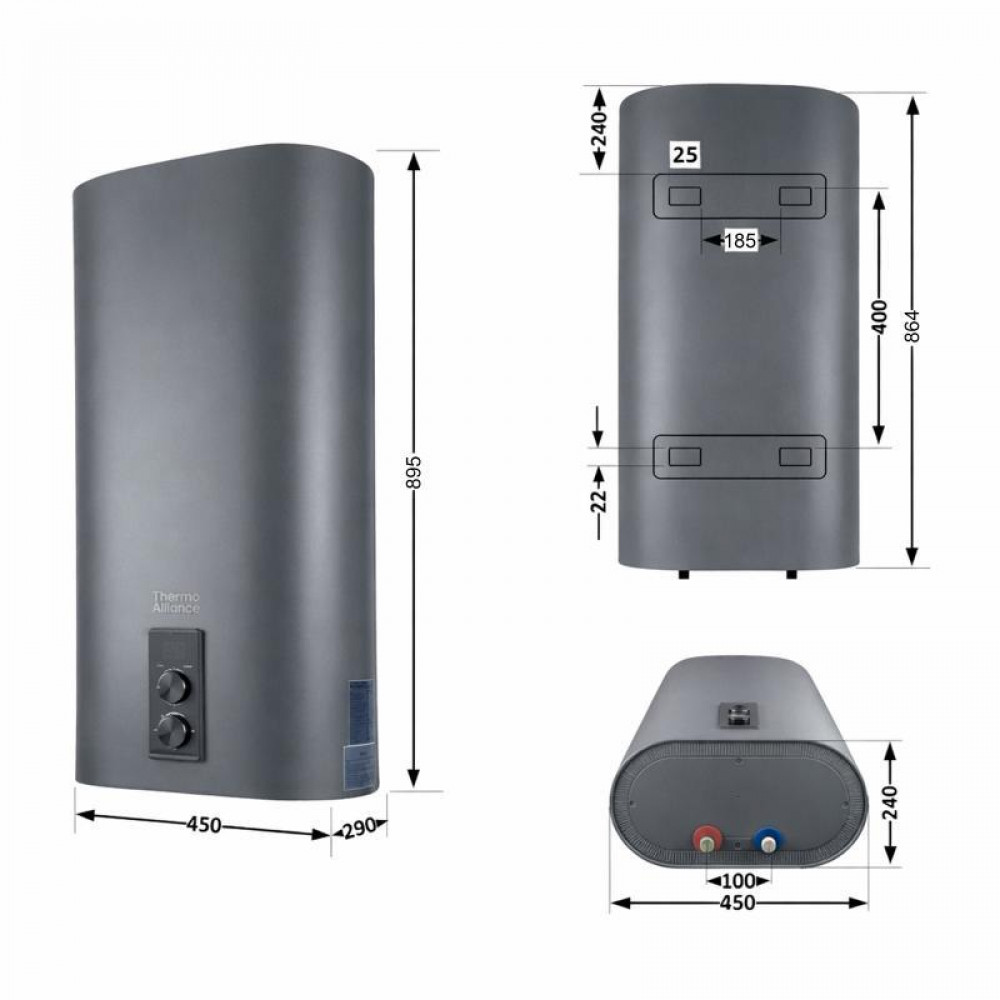 Водонагрівач електричний Thermo Alliance 50 л, Grey, плоский вертикальний, сухий ТЕН 2 кВт (0,8+1,2) DT50V20GPDD2G SD00055141