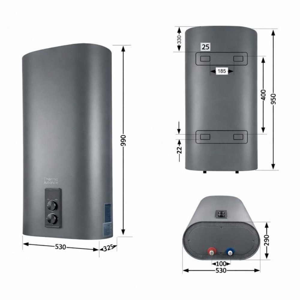 Водонагрівач електричний Thermo Alliance 80 л, Grey, плоский вертикальний, сухий ТЕН 2 кВт (0,8+1,2) DT80V20GPDD2G SD00055142