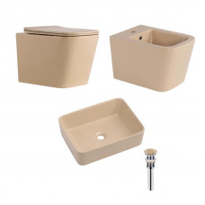 Комплект Qtap Tern Beige 3 в 1: підвісний унітаз Ultra Quiet + біде підвісне + раковина накладна QTTERSB49163