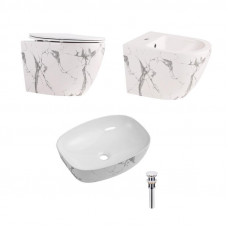 Комплект Qtap Robin Marble 3 в 1: підвісний унітаз Ultra Quiet + біде підвісне + раковина накладна QTROBMR49160