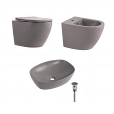 Комплект Qtap Robin Stone grey 3 в 1: підвісний унітаз Ultra Quiet + біде підвісне + раковина накладна QTROBSG49158