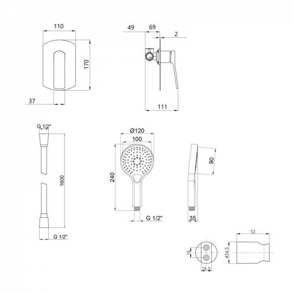 Акційний набір Qtap: Змішувач для душу Slavonice QTSLA267BLM45903+Лійка Rucni QTRUCA120O3KBB+Шланг Hadice QTHADPVCSQ160B+Тримач SD00056266