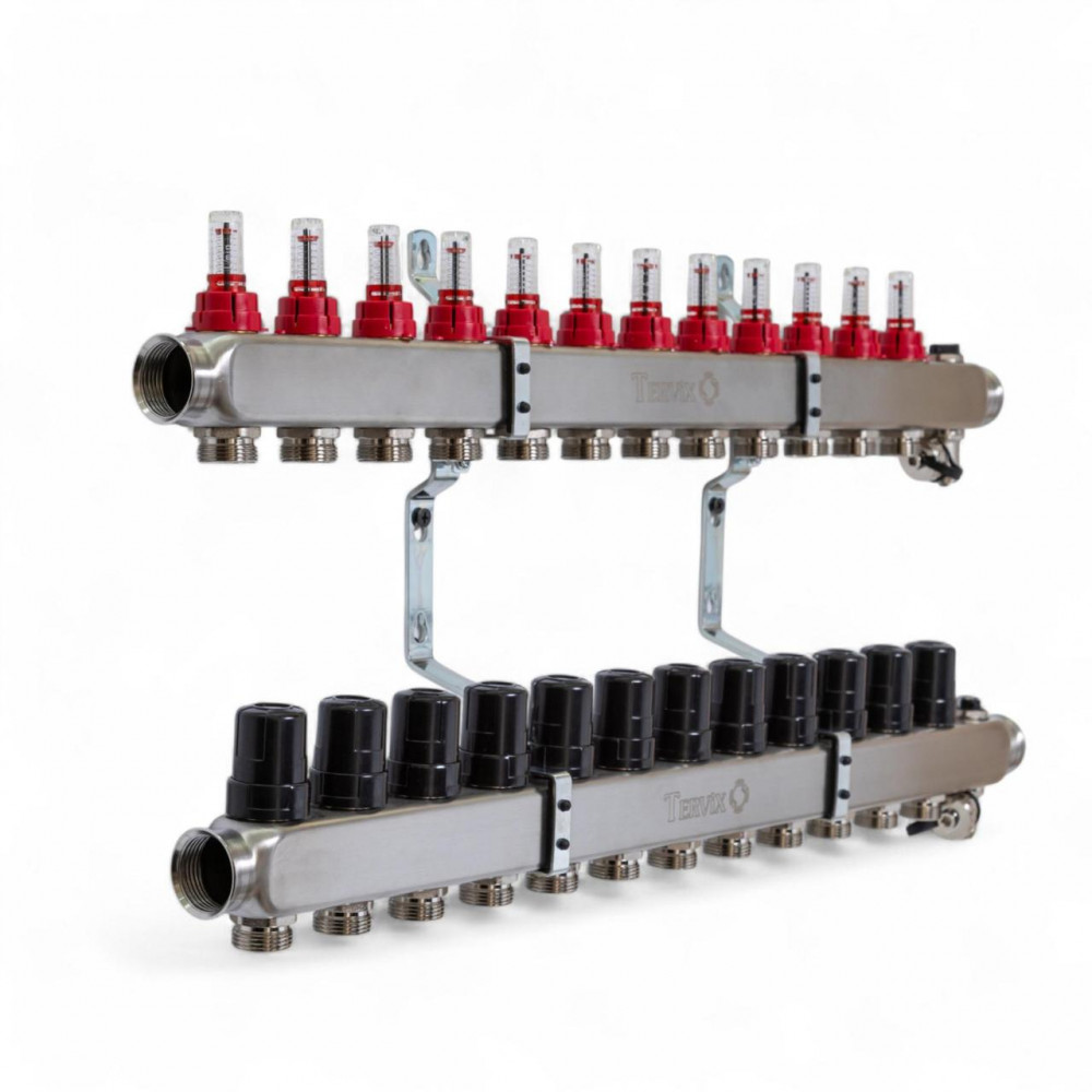 501212 Колектор на 12 конт., з витратомірами, краном Маєвськ. та зливним, нерж.сталь Tervix Pro Line 501212