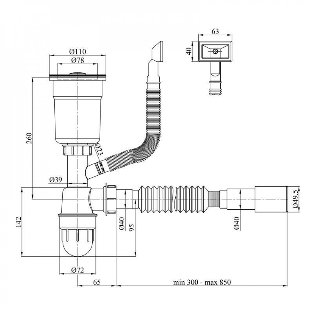 Сифон LK16 для кухонної мийки Bruch PVD, випуск 115 мм колбовий з квадратним переливом Grey (вихід гофри 40/50мм) Lidz SD00051310