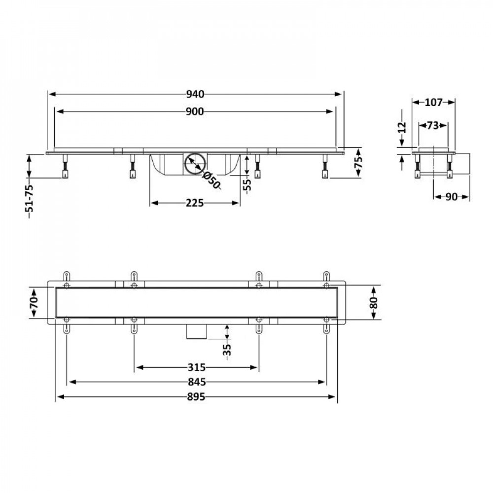 Трап Qtap Dry Tile304-900 лінійний з сухим закривом під плитку 900 мм SD00045321