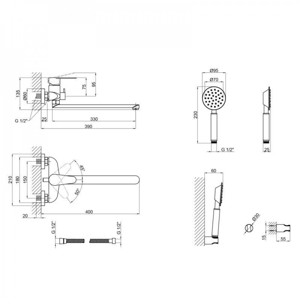 Смеситель для ванны Lidz Vida 005 с поворотным изливом (с душевым гарнитуром) (k35) LDVID005NKS38087 Nickel SD00044190